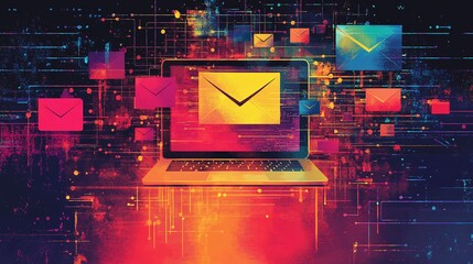 Poster - Email communication concept with laptop on colorful background Email Marketing concept.