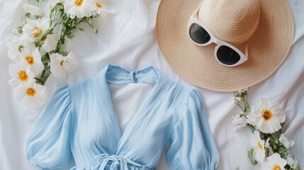 A fashion flat lay featuring a light blue dress, white sunglasses, and a straw hat, perfect for a summer day.