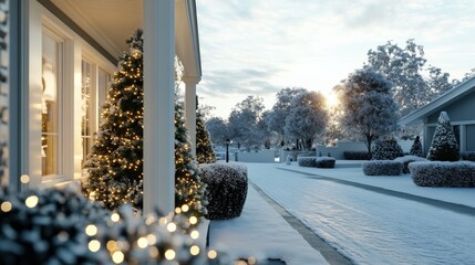 Wall Mural - A snowy outdoor scene with a beautifully decorated Christmas green tree in the day