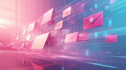 Poster - Email icons in a digital network with neon colors, abstract design Email Marketing concept.