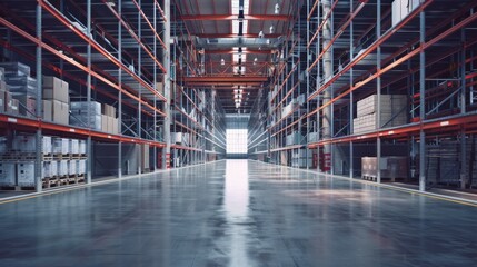 Expansive view of a modern warehouse with tall, organized shelves and a shiny polished floor.