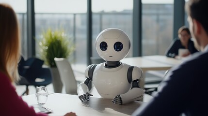 Poster - Futuristic AI robot in a brainstorming session with advertising experts, highlighting collaboration between technology and creativity.