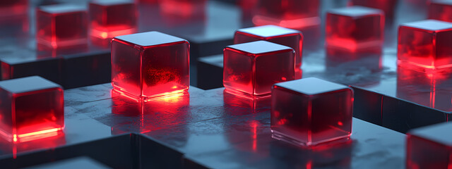 Illuminated Red Cubes with Reflective Surface