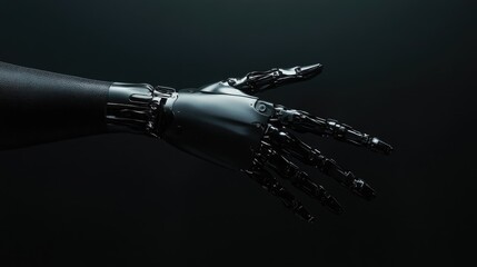 Poster - Futuristic bionic prosthetic hand with lifelike details, emerging from shadows on a dark, high-contrast background.