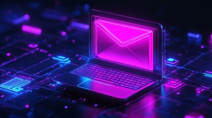 Poster - Futuristic laptop with glowing email icon on digital background. Email Marketing concept.