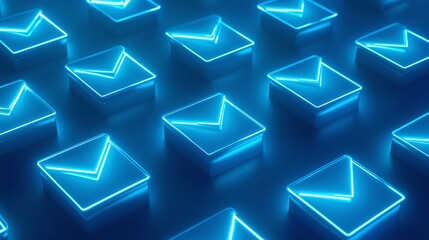 Poster - Glowing blue email icons on a dark background, digital concept. Email Marketing concept.