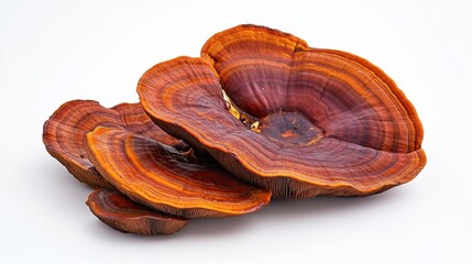 A full Reishi mushroom, surrounded by a few slices, displayed on a white background, highlighting its medicinal use.