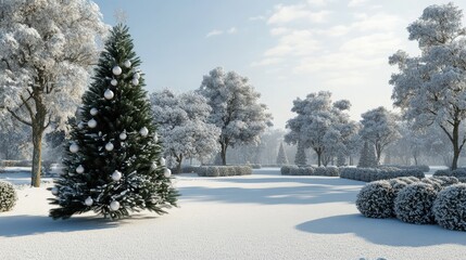 Wall Mural - A snowy outdoor scene with a beautifully decorated Christmas green tree in the day