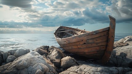 Wall Mural - a primitive wooden ship rests on the rocks of a peaceful sea