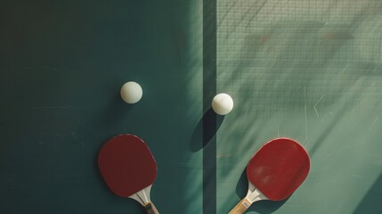 Sunlight casts shadows on a worn ping pong table, with two red paddles and white balls arranged as if mid-game.