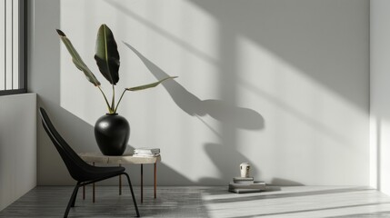 Wall Mural - Minimalist interior with a large black vase and lush plant casting dramatic shadows against a plain wall, paired with a sleek black chair.