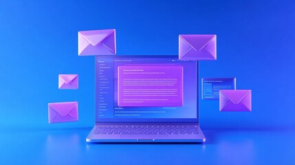 Poster - Laptop with email notification icons on blue background. Email Marketing concept.
