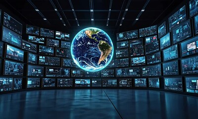 Poster - This immersive setting features a control room filled with multiple screens displaying data analytics and visuals of Earth, emphasizing technology and global monitoring