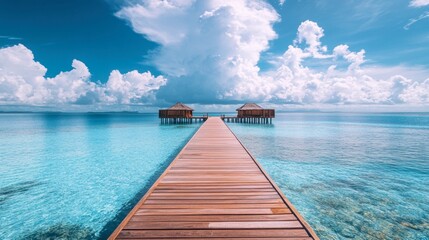 Wall Mural - A jetty extending out into the ocean, leading to luxurious water villas, with crystal-clear waters below and a sky filled with cotton candy clouds.