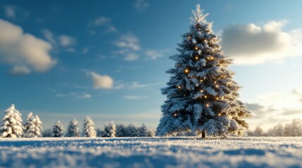 Wall Mural - A snowy outdoor scene with a beautifully decorated Christmas green tree in the day