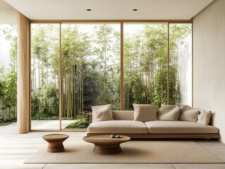 A living room with a couch and two coffee tables. The couch is brown and the coffee tables are wooden