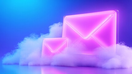 Poster - Neon envelopes glowing in colorful smoke on a digital backdrop. Email Marketing concept.