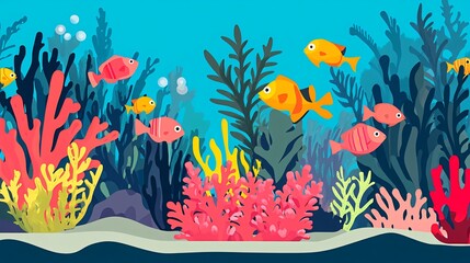 Wall Mural - Colorful fish swim among vibrant coral and seaweed in a blue ocean.