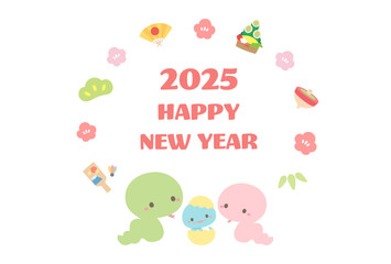 Naklejka na meble 2025年の年賀状デザイン、巳年のヘビと縁起物のフレームのベクターイラスト02