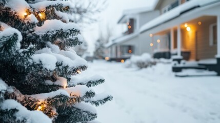 Wall Mural - A snowy outdoor scene with a beautifully decorated Christmas green tree in the day