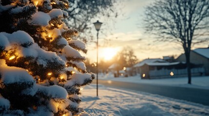 Wall Mural - A snowy outdoor scene with a beautifully decorated Christmas green tree in the day