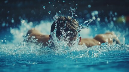 Poster - A swimmer in goggles swims butterfly in a pool.