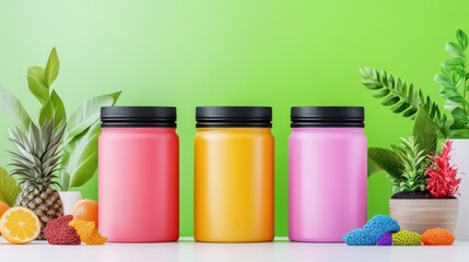 Sticker - Three colorful jars are placed on a table with greenery and fruits, creating a vibrant, fresh atmosphere.