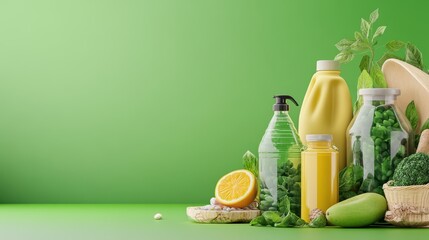 A vibrant display of green-themed bottles, fruits, and fresh herbs set against a bright green background, emphasizing freshness and sustainability.