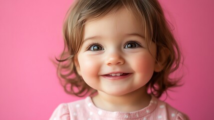 Wall Mural - A young girl with big brown eyes smiles broadly, capturing a moment of pure joy and innocence.