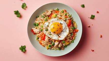 Wall Mural - A colorful plate of fried rice topped with a sunny-side-up egg and fresh vegetables.