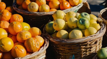 Wall Mural - Baskets overflowing with fresh tomatoes and various colorful fruits at a lively outdoor market.