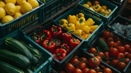 Sticker - A vibrant display of fresh vegetables including red, yellow, and green bell peppers, zucchini, and tomatoes organized in crates at a market.