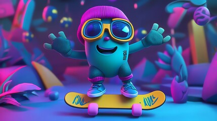 Poster - A 3D cartoon character in a colorful outfit and sunglasses rides a skateboard in a vibrant, whimsical scene.