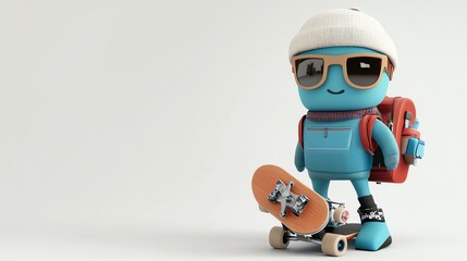 Sticker - A blue 3D cartoon character with sunglasses, a beanie, and a backpack stands next to a skateboard.