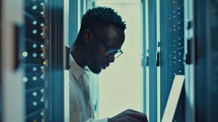 A man wearing glasses works diligently in a dimly lit server room, surrounded by sleek, modern technology, illuminated by the soft glow of LED lights.