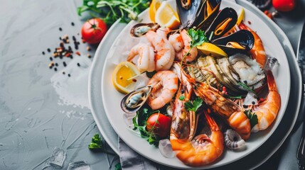 Wall Mural - A beautifully arranged seafood platter featuring shrimp, mussels, and lemon slices, garnished with fresh herbs on a gray textured background.