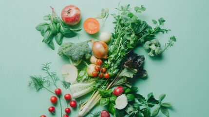 Wall Mural - An artistic flat-lay arrangement of assorted fresh vegetables on a vibrant green background.