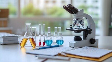 Poster - a microscope, laboratory glassware, and a notebook on a white table