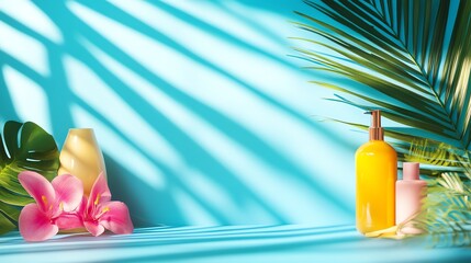 Wall Mural - Summer background with a yellow bottle and pink bottle on a blue background with palm leaves and a yellow vase with pink flowers.