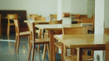 Wall Mural - Sunlight filters through large windows, illuminating empty wooden tables and chairs in a quiet café, suggesting a peaceful morning ambiance.