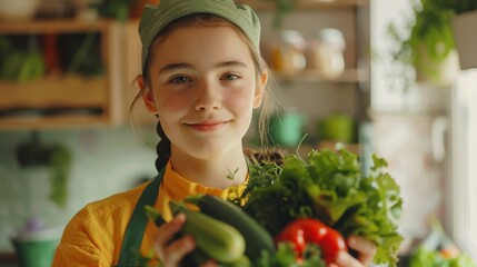 Wall Mural - A young girl in a bright apron, joyfully holding fresh garden vegetables, her smile capturing the essence of homegrown goodness and youthful energy.