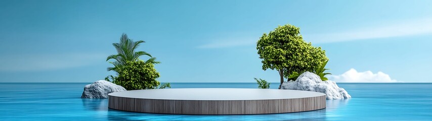 Wall Mural - A serene, circular platform surrounded by calm blue waters and green trees against a clear sky, evoking tranquility and nature.
