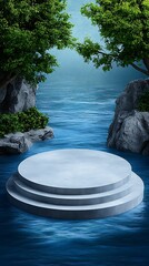 Wall Mural - A serene landscape featuring a circular platform surrounded by water and lush greenery, offering a tranquil and picturesque natural setting.