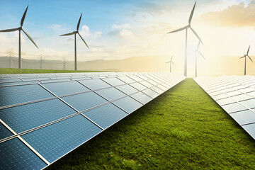 Solar farm with wind turbine at sunset on green field, Clean energy and sustainable resource concept.