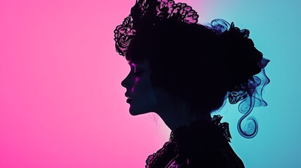 Canvas Print - Silhouette of a woman in a lace hat against a pink and blue background.