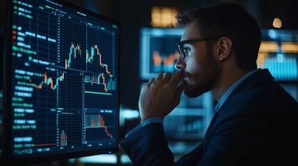 Poster - a focused analyst observes financial market trends on multiple screens during a late-night analysis 