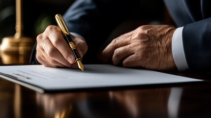 A close-up of a man's hand signing a document with a gold pen, set against a dark, elegant background.