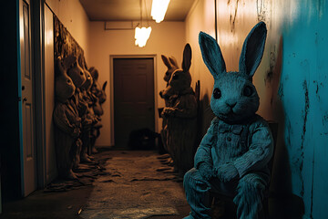 Wall Mural - Halloween haunted house, rabbit creatures, horror, jump scare