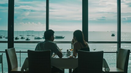 Wall Mural - A couple dines by the window with a spectacular sea view, capturing a moment of tranquility and connection.