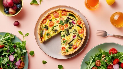 Wall Mural - A colorful quiche served with fresh salads and drinks on a pastel table.